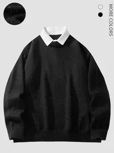 Men's Colorblock Star Print 2 in 1 Drop Shoulder Fitted Knitted Sweater, Casual Long Sleeve Collared Jumper for Fall & Winter, Men's Clothes for Daily Wear, Tops, Knitwear