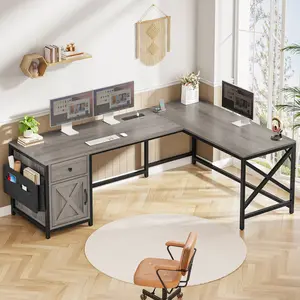 SEDETA 63 Inch L Shaped Corner Desk Convertible Long Home Office Desk with Storage Cabinet Monitor Arm Stand Wooden Table