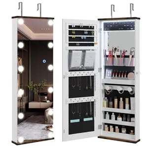 Dystler Over the Door Jewelry Organizer, 12 Hollywood Bulbs Hanging Jewelry Armoire with Full Length Mirror, 43.5" Lockable Large Storage Jewelry Cabinet for Girls/Women, (Elegant White)