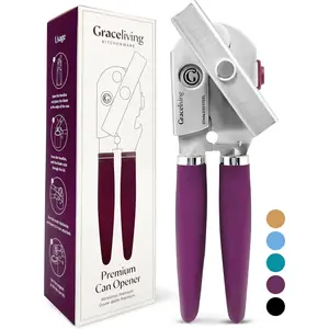 Multifunction Magnetic Manual Can Opener and Bottle Opener Heavy Duty Stainless Steel Sharp Cutting Blade Oversized Easy Turn Knob Soft-Touch Handle for Kitchen Use Mauve