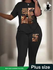 【Plus Size】 Two-Piece Set Cartoon Butterfly Print Drop Shoulder Tee & Elastic Waist Pants Set, Casual Fashion Cozy Breathable Outfits for Daily Outdoor Wear, Women Clothing for Summer, Casual Matching Set