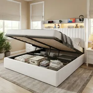 Full Queen King Size Lift Up Storage Bed Frame with Charging Station, Storage Shelf Headboard with USB and Type-C Ports, Hydraulic Support, Velvet Upholstery, No Box Spring Needed, Grey Black White Cream White #SummerVibes