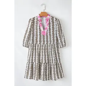 Floral Contrast V-Neck Bracelet Sleeve Dress