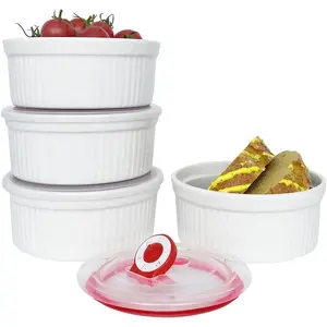 16 oz Oven-Safe Ramekin Set of 4, White Ceramic Crème Brûlée Ramekins with Lids, Assorted Sizes Mini Baking Bowls, Dishwasher and Oven Safe