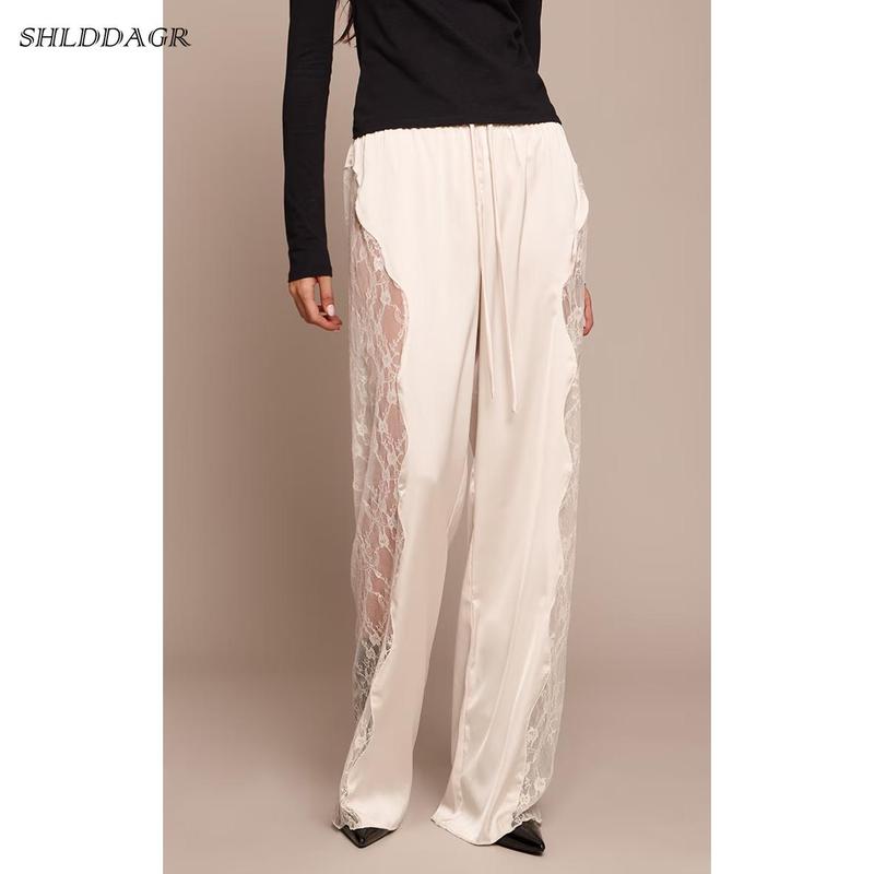 Women's Stylish and Elegant Satin Lace Wide-Leg Pants - High-Waisted Drawstring Loose Flowy Casual Party Dress Pants with Side Lace Trim (Ivory/Brown/Olive Green)