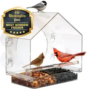 Transparent acrylic bird feeder, equipped with 4 strong suction cups, detachable sliding tray, easy to clean, suitable for close-up bird watching, an excellent gift for bird lovers, mothers, the elderly, and nature enthusiasts, and a unique gardening tool