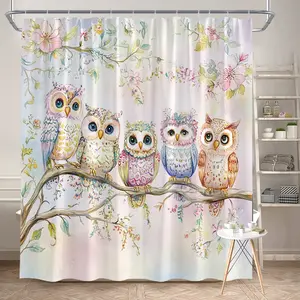 1Pc Colorful Owl Shower Curtain Floral Design Cute Cartoon Characters Polyester Fabric Bathroom Decor Bathing Partition Curtain 70.8x70.8 Inch with Hooks