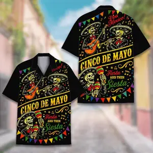 Cinco De Mayo Hawaiian Shirt Men Women Skeleton Mariachi Sombrero Fiesta Siesta Print Black Loose Breathable Button Down Beach Summer Festival Casual Party
