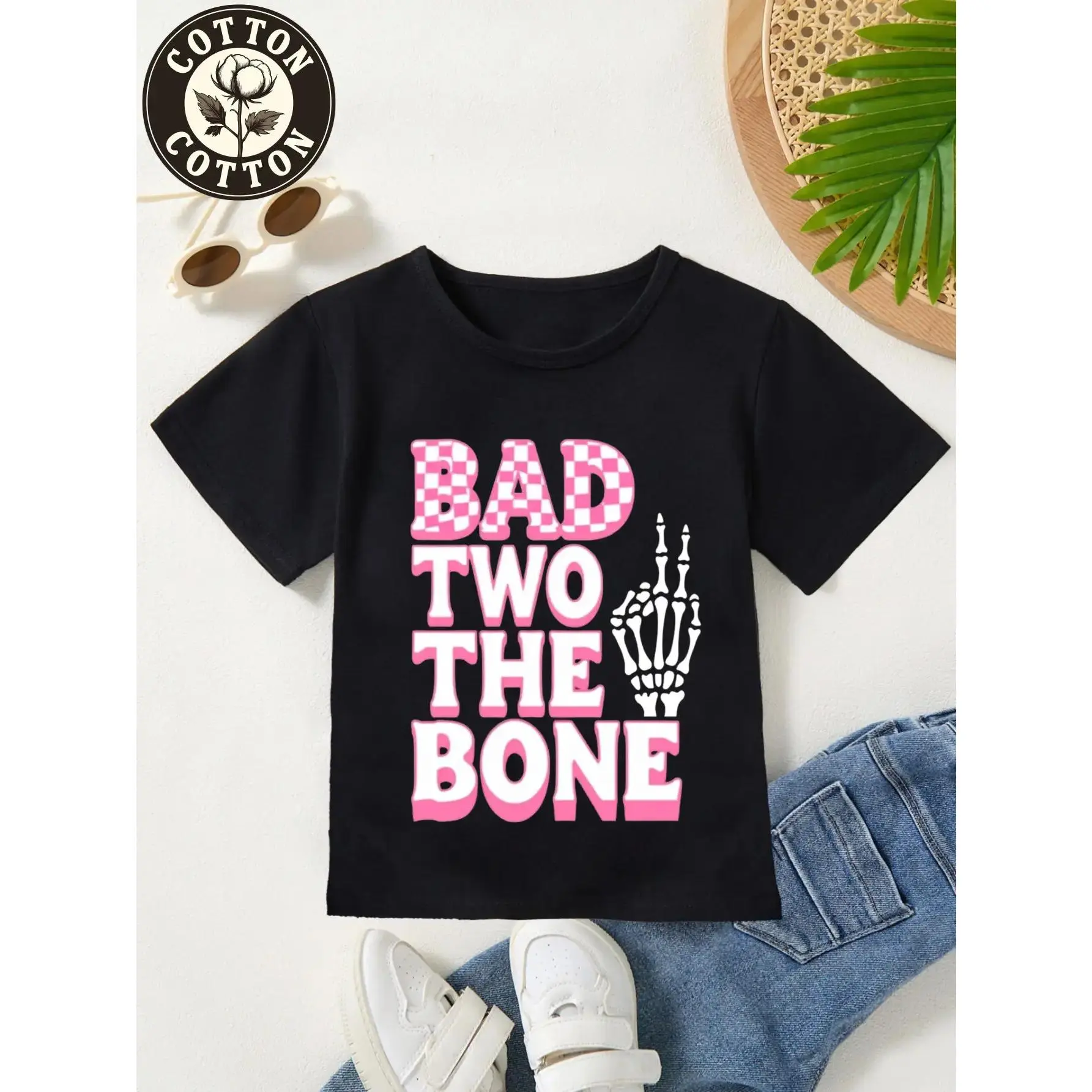 Kids' Cotton T-Shirt - BAD TWO THE BONE Skeleton Hands Graphic Tee - Light Grey with Pink Lettering - Everyday & Halloween Outfits - Machine Washable Boys Girls Shirt - Perfect Birthday or Christmas Gift for Children - Four Colors Available, T Shirts