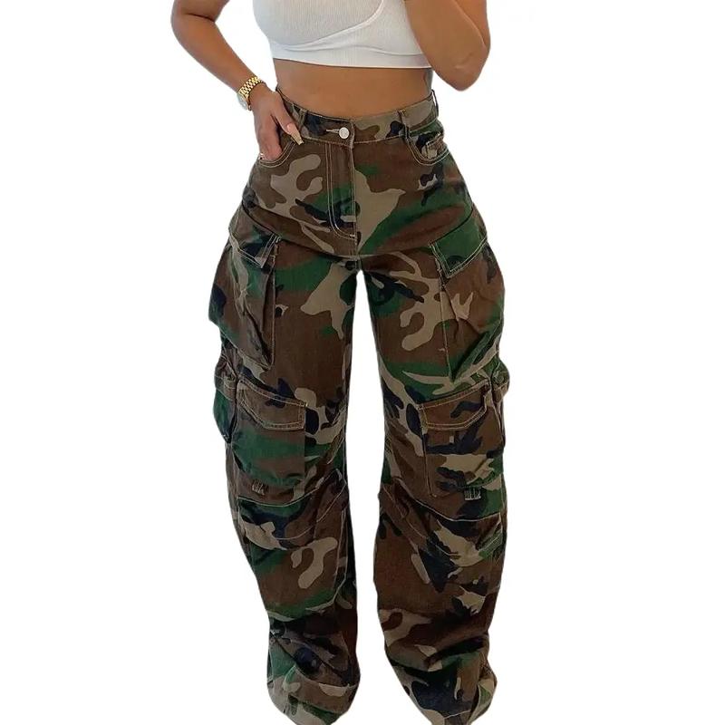 Army Camouflage Cargo Pants for Women with Pockets, High Waist and Woven Fabric - Cotton