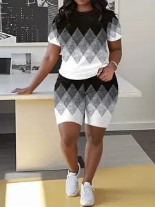 2pcs Plus Size Women's Geometric Print Outfit | Short Sleeve Round Neck Top & Shorts Set, Polyester, Stretch Knit Fabric, No Belt Required, Machine Washable, Ideal For Spring/Summer Casual Womenswear Fitted Crewneck
