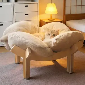 Wooden High-Leg Pet Sofa Bed  Solid Wood Frame Cat & Small Dog Bed with Soft Cushion (3 Colors)