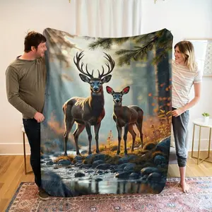1pc Cozy Forest Deer Flannel Blanket - Soft Digital Print, ,All-Season Comfort, Washable, Contemporary Style, Family & Friends, Deer Home Decor