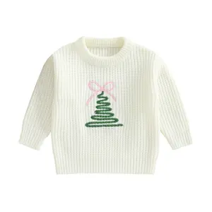 REDWOON Toddler Girl Christmas Tree Sweater Long Sleeve Chunky Knit Pullover Tops Infant Baby Tree/Wreath Embroidery Bow Jumpers