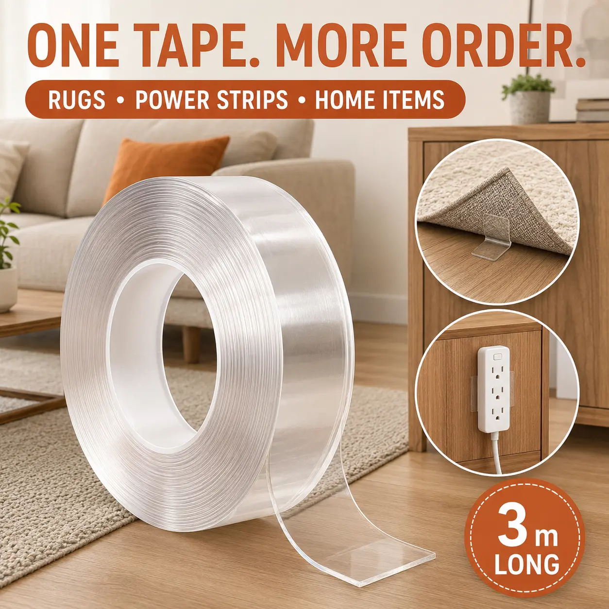 Nano Double-Sided Tape, 9.8 FT x 1.18 IN x 0.08 IN, Clear Heavy Duty Removable Mounting Tape, Strong Hold & Residue-Free Removal for Rugs, Power Strips, Furniture, Home & Office