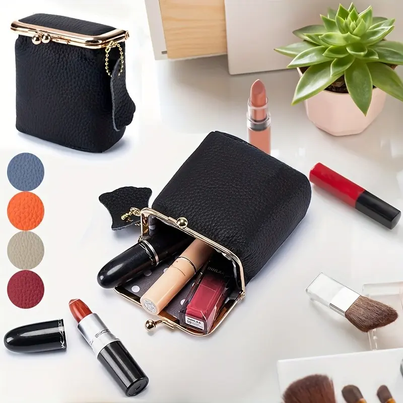Women's Retro Cosmetic Bag, Plain Genuine Leather Vintage Makeup Organizer Pouch with Kiss Lock Closure - Compact for Travel, Vintage Vanity Bag, Slip On, Built-In Organizer, Secure Kiss Lock Closure, None