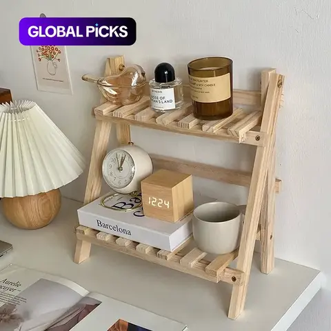 2-Tier Wooden Desktop Storage Organizer, Multifunctional Display Shelf for Home and Office, Summer Home Decor, 1 Count #GLOBAL PICKS