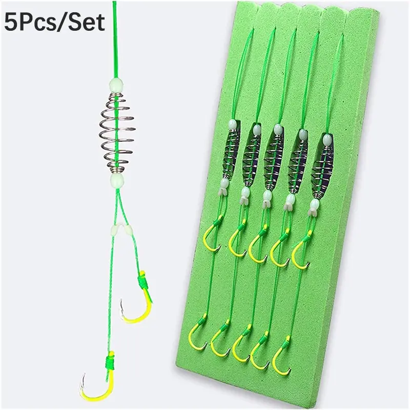 5pcs/set Double-Hook Fishing Line with Barbed Carp Hooks, Bait Feeder Spring, Essential Fishing Accessories Kit for Catching More Fish Fishing Supplies