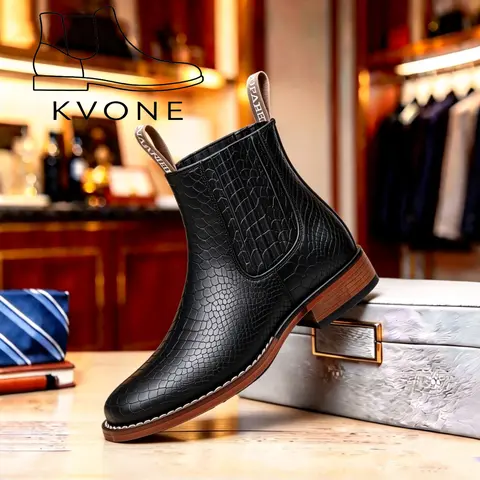 KVONE Men's Crocodile Embossed Leather Chelsea Boots - Men's Shoes with Closed Toe, Wide Fit, Wooden Heel, Square Toe, Lightweight Retro Western Design, Breathable All Seasons Business Casual Walking Shoes (No Adornment)