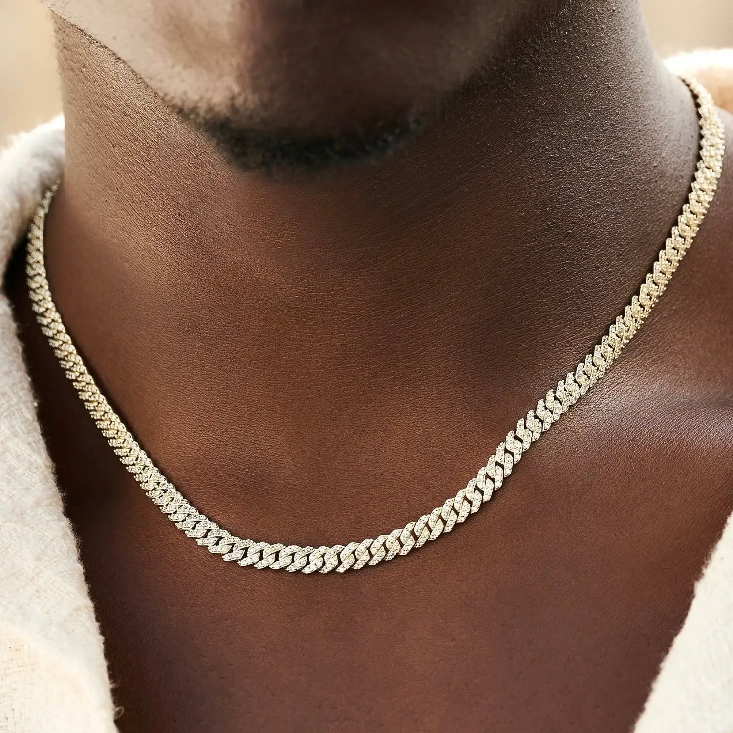 Micro Diamond Prong Cuban Necklace - 18k Yellow Gold- 6mm Chain with Gold Plating and CZ Diamonds 16-24" Lengths