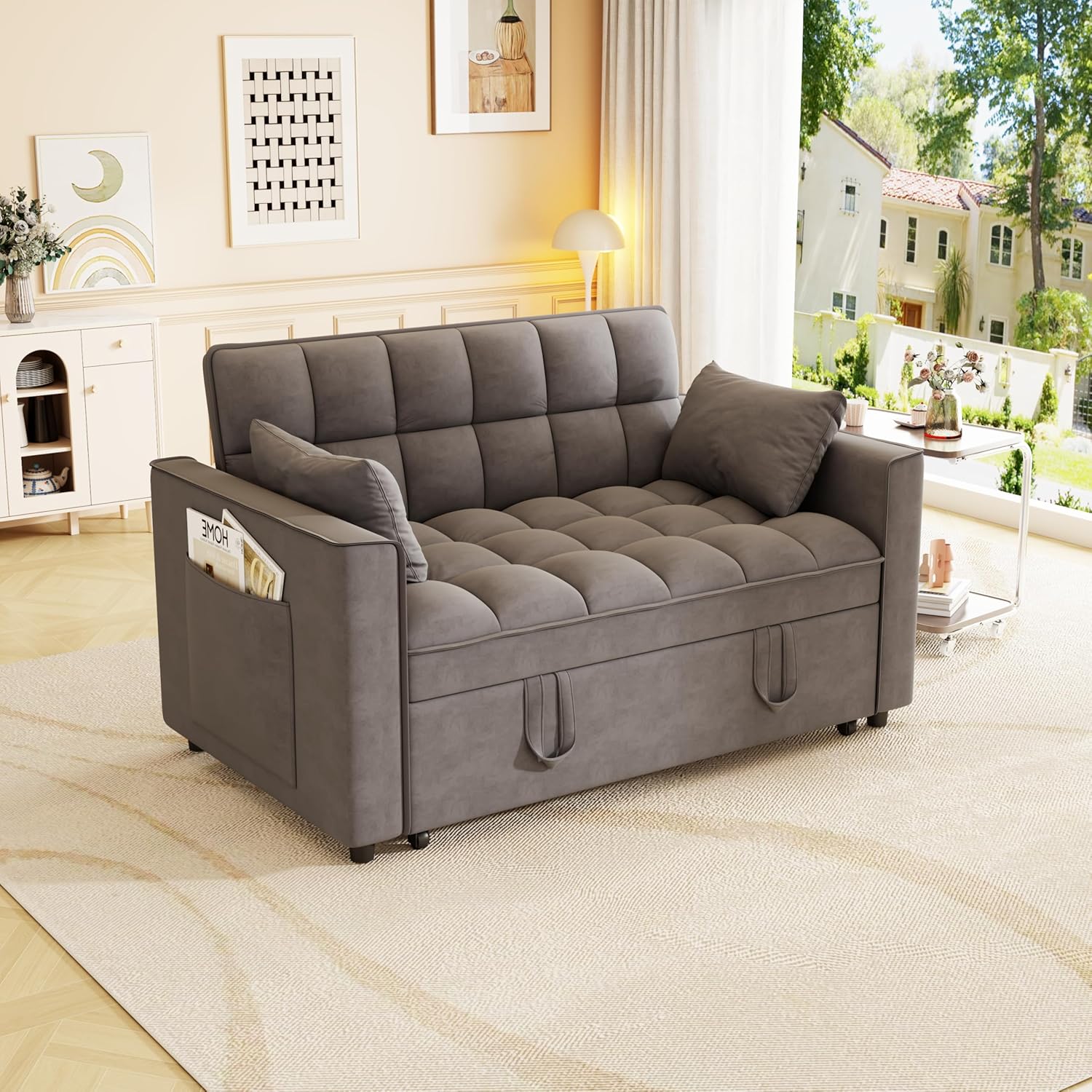 Convertible Sleeper Sofa Bed, Loveseat Sleeper Sofa with Large Side Pockets, Pull Out Sofa Bed with 3 Position Adjustable Backrest, 3 in 1 Velvet Couch Bed for Small Spaces, Apartment, Dark Gray