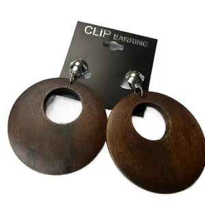 Clip On Round Donut Style Ethnic Wood Earrings