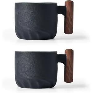 Ceramic Espresso Cups with Wooden Handle Espresso Shot Cups Ceramic Tea Cups Porcelain Demitessa Cups for Coffee or Tea, 3oz (black, 2)