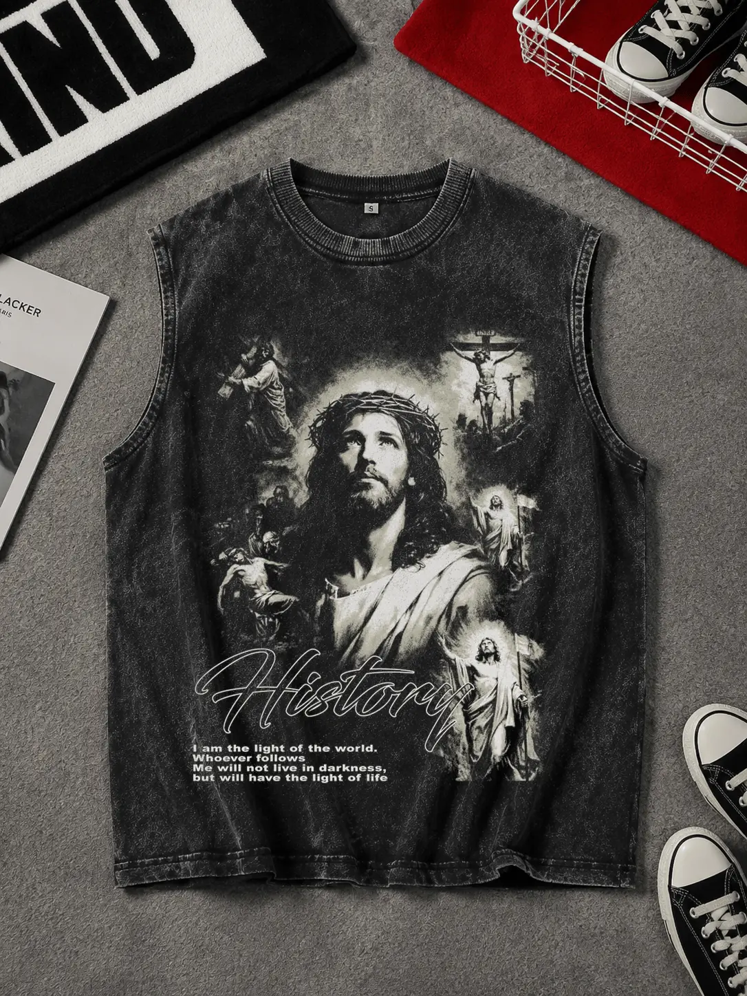 Menswear ，Christ Jesus Unique Streetwear，Men's Vintage Gothic Oversized SleevelessGraphic Vest - Washed Black, Y2K Streetwear, SummerCasual Top singlets