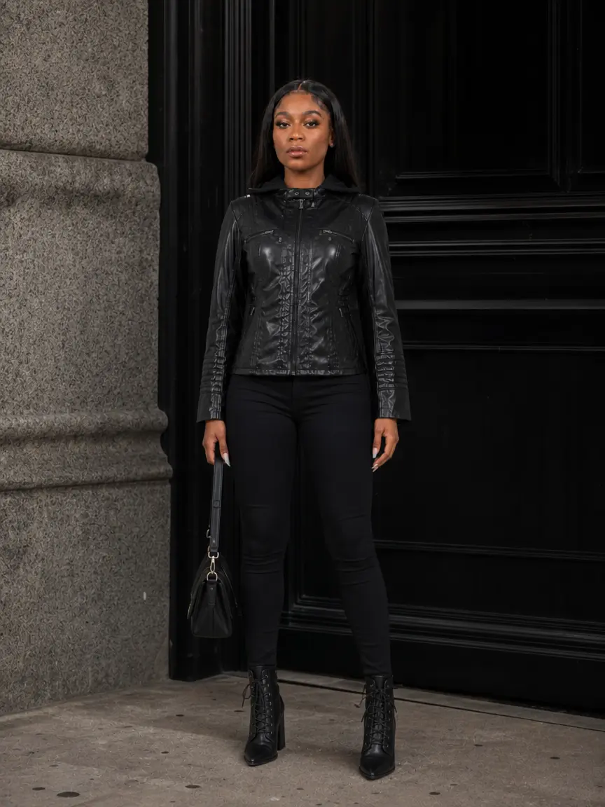 Womens Hooded PU Leather Moto Jacket Zip Up Slim Fit European Casual Biker Coat