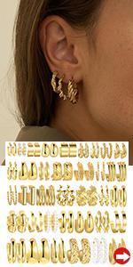 36 Pairs Gold Earrings Set for Women, Fashion Pearl Chain Link Stud Drop Dangle Earrings Multipack Hoop Earring Packs, Hypoallergenic Earrings for Birthday Party Jewelry