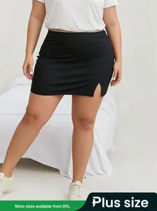 Plus Size Solid Split Thigh High Waist Skirt, Elegant Fashion Casual Minimalist Bodycon Skirt for Daily Outdoor Wear, Women Plus Clothing for All Seasons