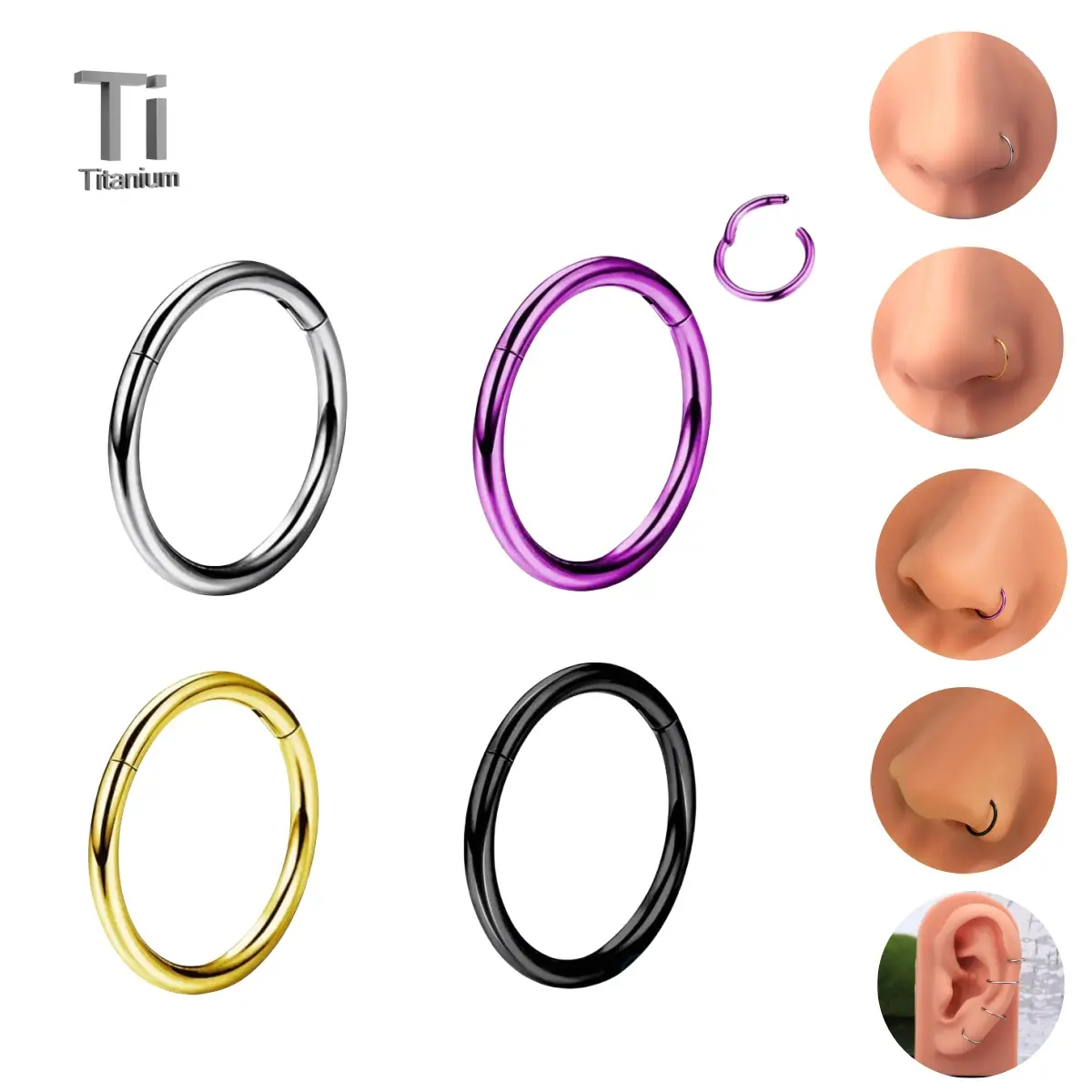 Oufer Titanium 20G/18G/16G/14G/12G/10G Hinged Segment Nose Septum Nostril Lobe Cartilage Nose Piercing Hoop Ring Barbell Jewelry Clamps