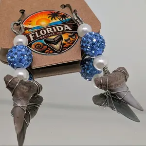 Florida Before Us Series Wire Wrapped Shark Tooth One of a Kind Handmade Earrings with Blue Beads and Pearl Accents