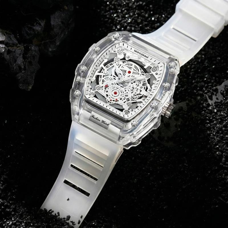 Men's Luxury Transparent Waterproof Barrel-Shaped Tonneau Skeleton Quartz Watch with Calendar Display & Luminous Markers Water Resistant Wristwatch for Daily Party & Outdoor Use Great Birthday Gift Idea with Tin Box Included Men's Luxury Transparent Waterproof Barrel-Shaped Tonneau Skeleton Quartz Watch with Calendar Display & Luminous Markers Water Resistant Wristwatch for Daily Party & Outdoor Use Great Birthday Gift Idea with Tin Box Included