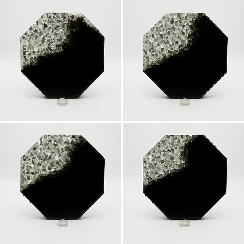 Hexagon Black Resin Marble Split Silver Glass Pieces Coaster Set - Elegant Tabletop Protection with Luxurious Accents for Home Decor Stylish Tableware Aesthetic