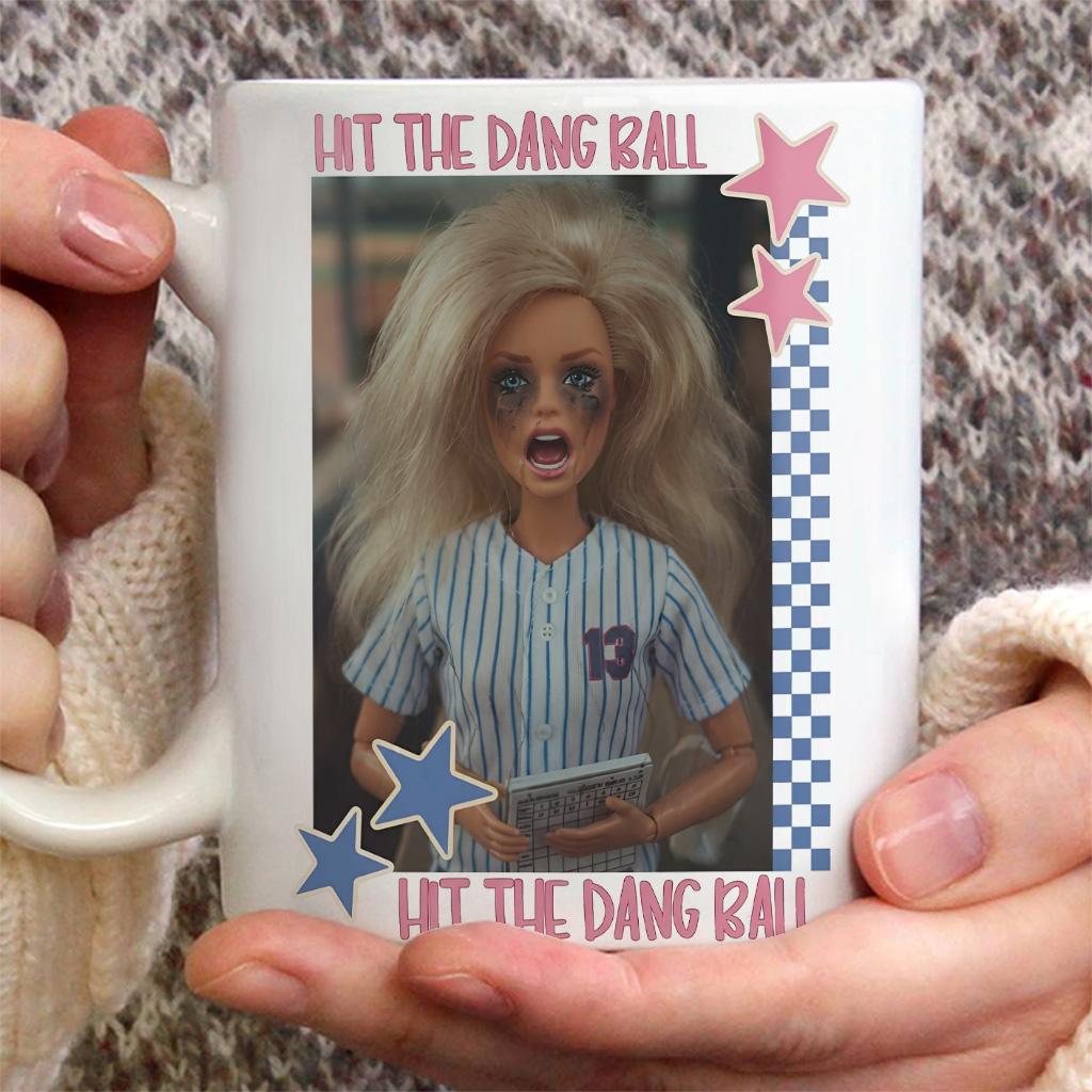 Hit The Dang Ball Funny Baseball Mom Mug, Game Day Softball Cup, Distressed Doll Face Meme Coffee Mug - scs17271