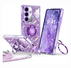 XYZ for Galaxy S24,25 Ultra Case, for 15 16 17 Glitter Bling Phone Cover with 2-Ring Heart Stand & Lanyard, Women Girls Luxury Rhinestone durable Shockproof Protective Case Christmas Gifts