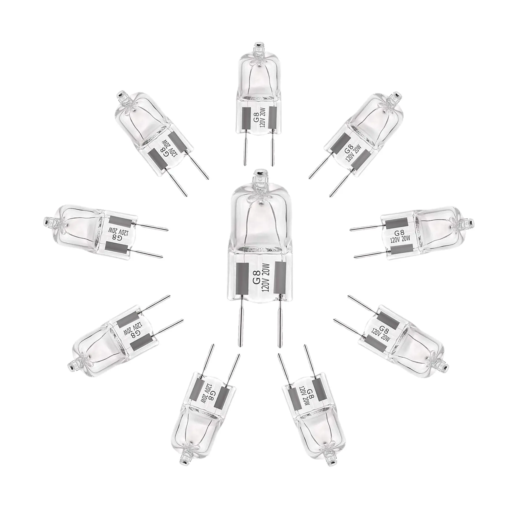 G8 Halogen Light Bulbs 20W 120V, T4 JCD Bi-Pin Base (8mm), Dimmable Warm White, Under Cabinet & Appliance Replacement, 10-Pack Clear Glass Capsule