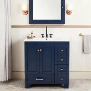 30 Inch Blue Bathroom Vanity with White Ceramic Sink Soft Close Drawers and Doors Gold Hardware Freestanding Storage Cabinet Modern Farmhouse Vanity Unit for Small Bathroom Powder Room