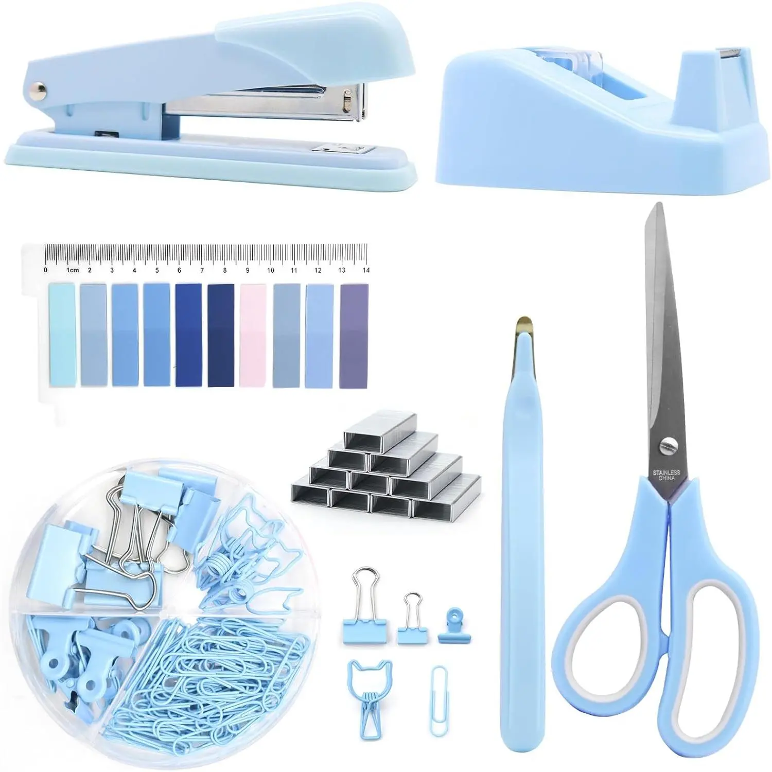 Blue Desk Accessories, Blue Office Supplies, Stapler and Tape Dispenser Set, Blue Desk Accessory Kit, Gift for Students, Women, Coworkers, Boss Lady, Office Clerks