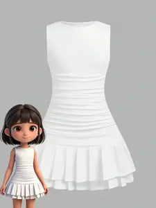 Elegant Sleeveless Ruched Dress, Waist-Tapering Design, Dual-Layer Pleated Skirt Hem, Round Neckline, Soft Stretch Fabric, Versatile, Casual Wear