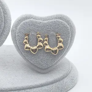 18k Layered Real Gold Filled hearts bamboo hoop earrings #89