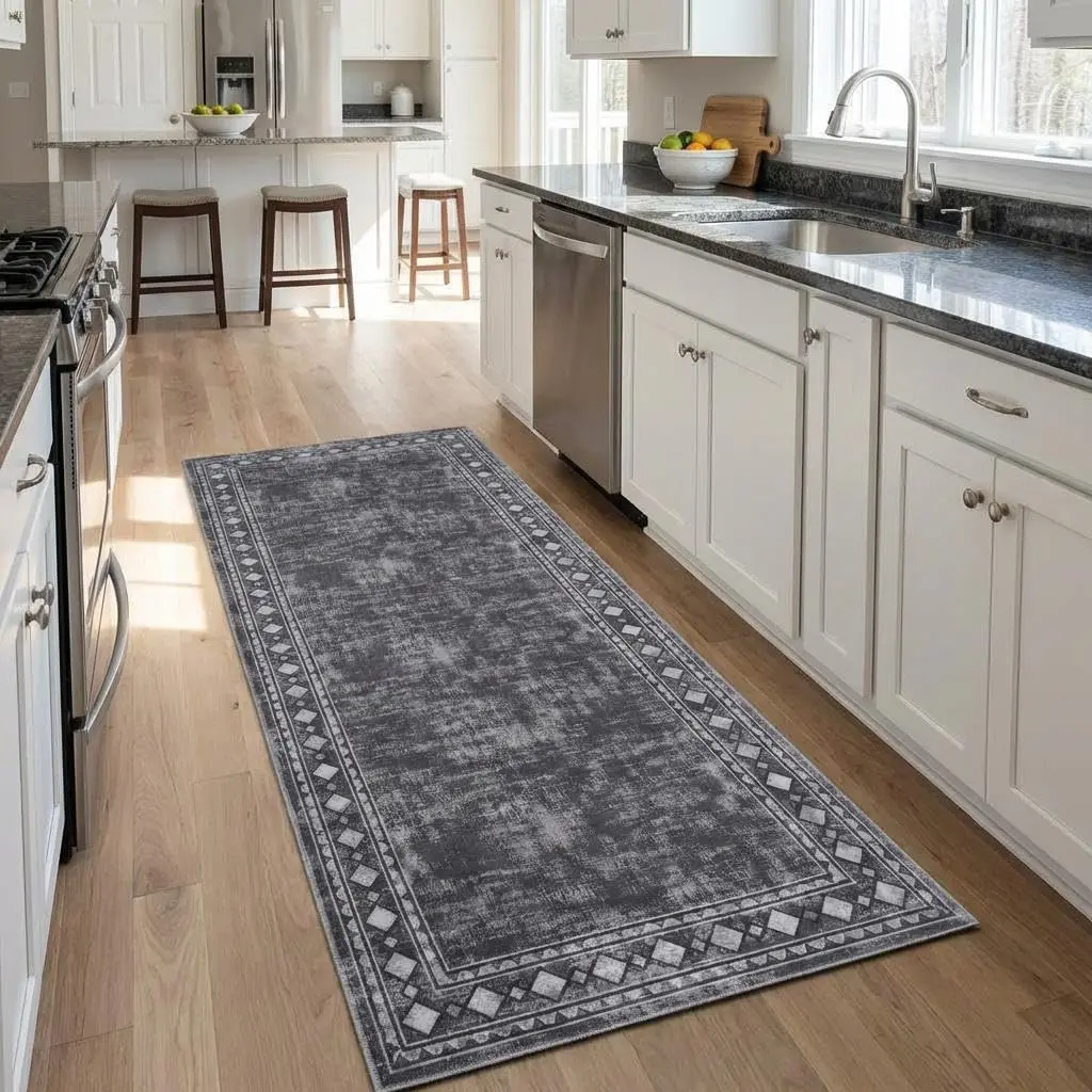 2x6 Runner Rug Washable Rugs Vintage Border Rugs Non Slip Kitchen Runner Rug Stain Resistant Carpet for Hallway Low Pile Soft Touch Floor Cover for Bedroom Laundry，Grey
