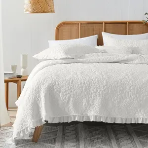 Cream White Ruffled Quilt King Size,-Washed Microfiber Lightweight Crinkled Farmhouse, 3 Bedspread with Pillow Shams for