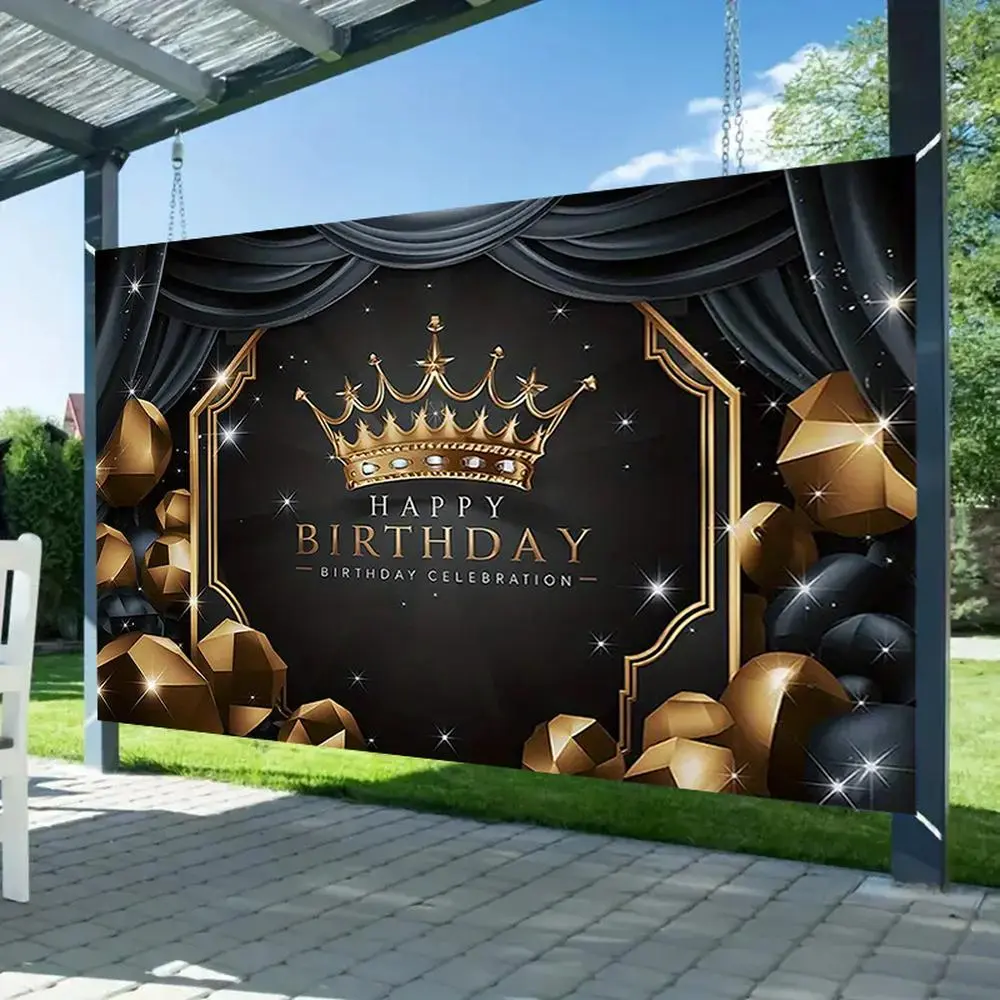 1pc Elegant Royal Black-Golden Crown Party Banner Backdrop Throw - 90.5x70.8in Durable Polyester, Sparkling Stars, Geometric Patterns for Weddings, Birthdays - Ideal Indoor-Outdoor Celebration Gift, Wedding, Glam