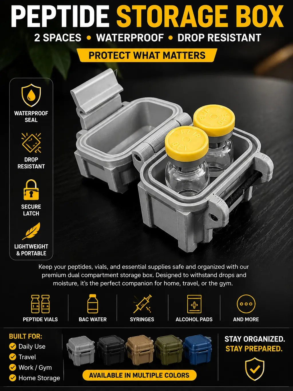 Waterproof Dual Peptide Storage Box – 2-Compartment Vial Organizer | Drop-Resistant Travel Case for BAC Water, Syringes & Medical Essentials
