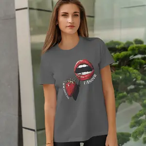 The L’AMOUR Graphic Tee Vintage Black Unisex Shirt, Red Lips & Strawberry, Ne Me Quitte Pas, Edgy Romantic Streetwear, Statement Top