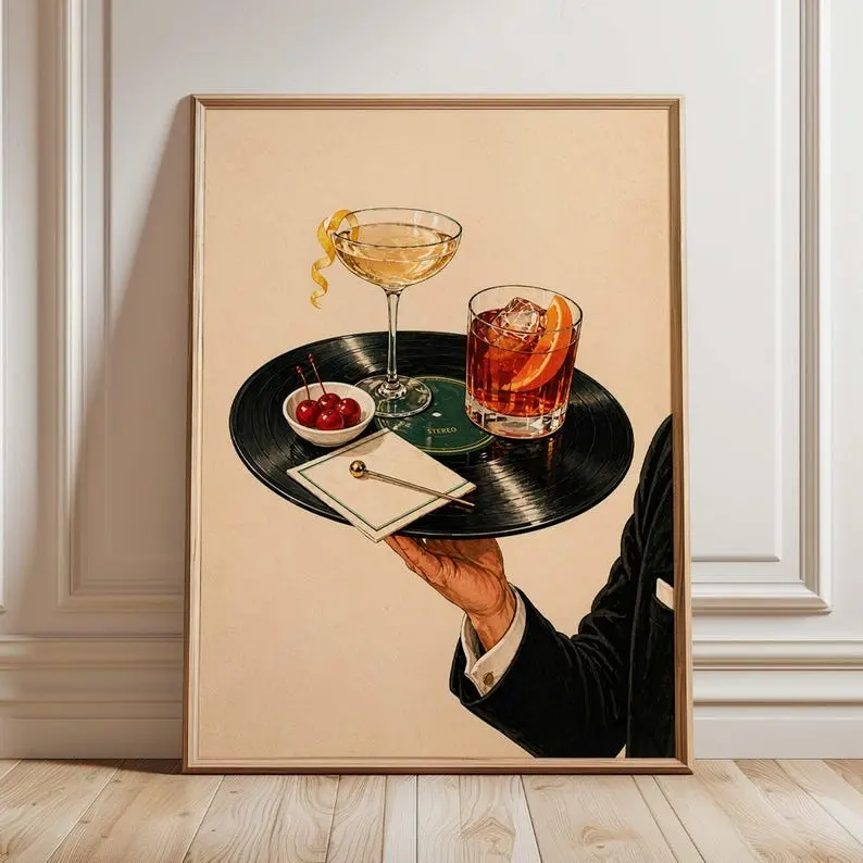 [Sale off up to 50%] [Free ship] [No Frame] Vintage Cocktail Print Poster, Vinyl Record Bar Tray, Retro Martini Lounge Decor Poster