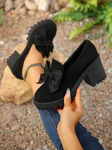 British Style Mary Jane Shoes, Bowknot Decor, Thick Sole, Waterproof, Casual PU Leather, Comfortable Walking Shoes for Women, Bowknot Design Shoes