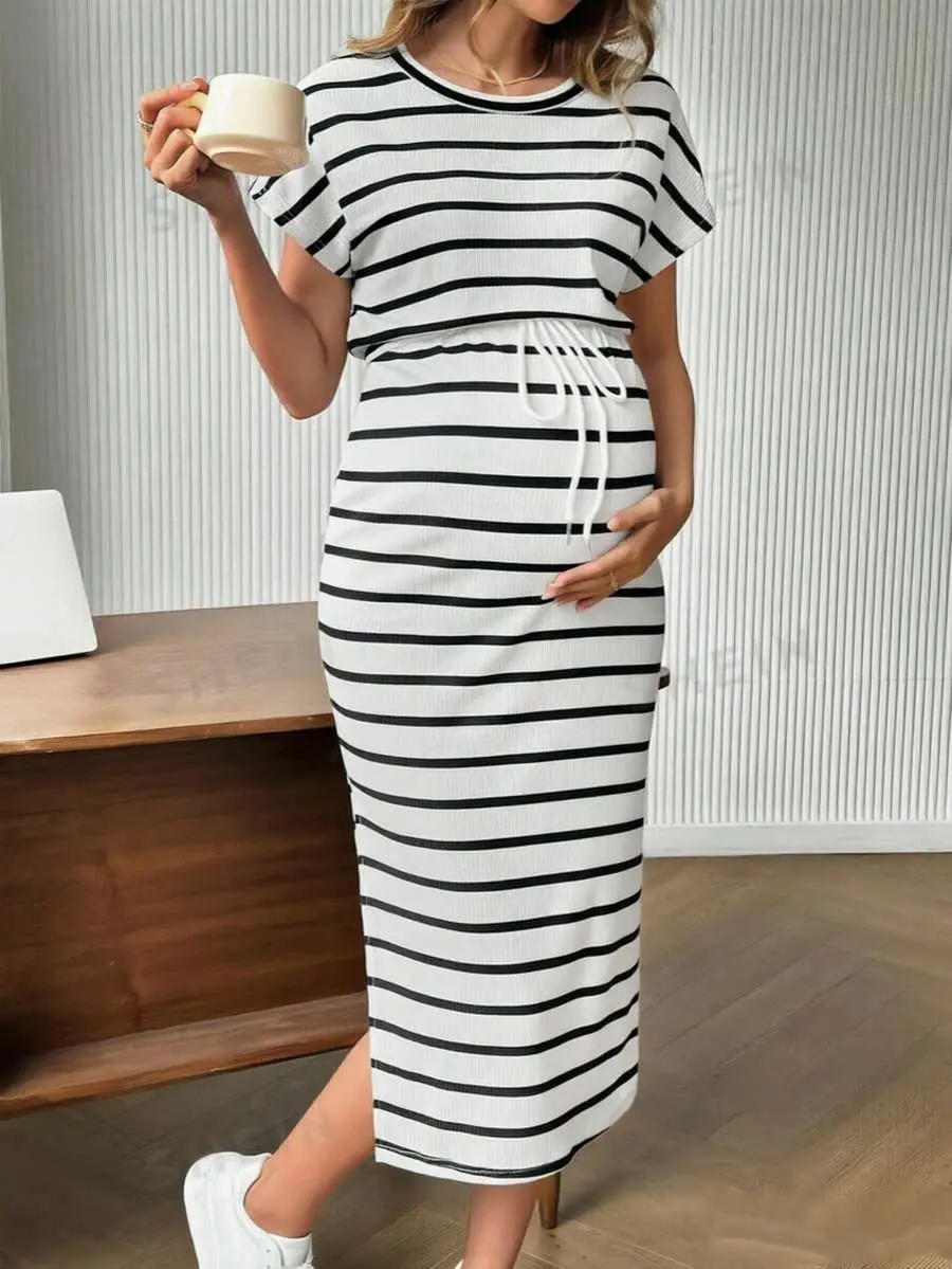 AVENO Pregnant Women Striped Crew Neck Batwing Sleeve Drawstring Waist H-Line Dress Maternity Dress